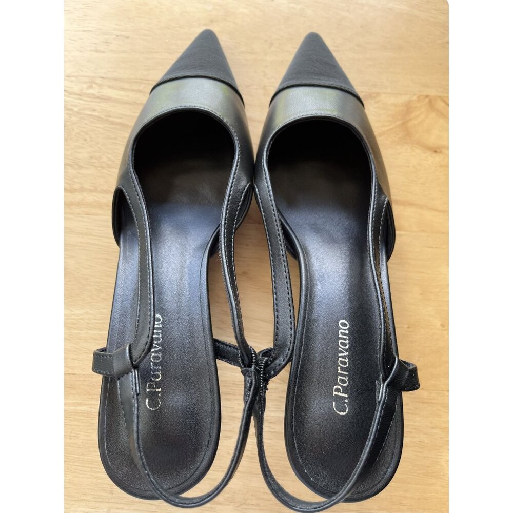 C. Paravano Black Slingback Pointed-Toe Heels 37.5 European Size 7 US New